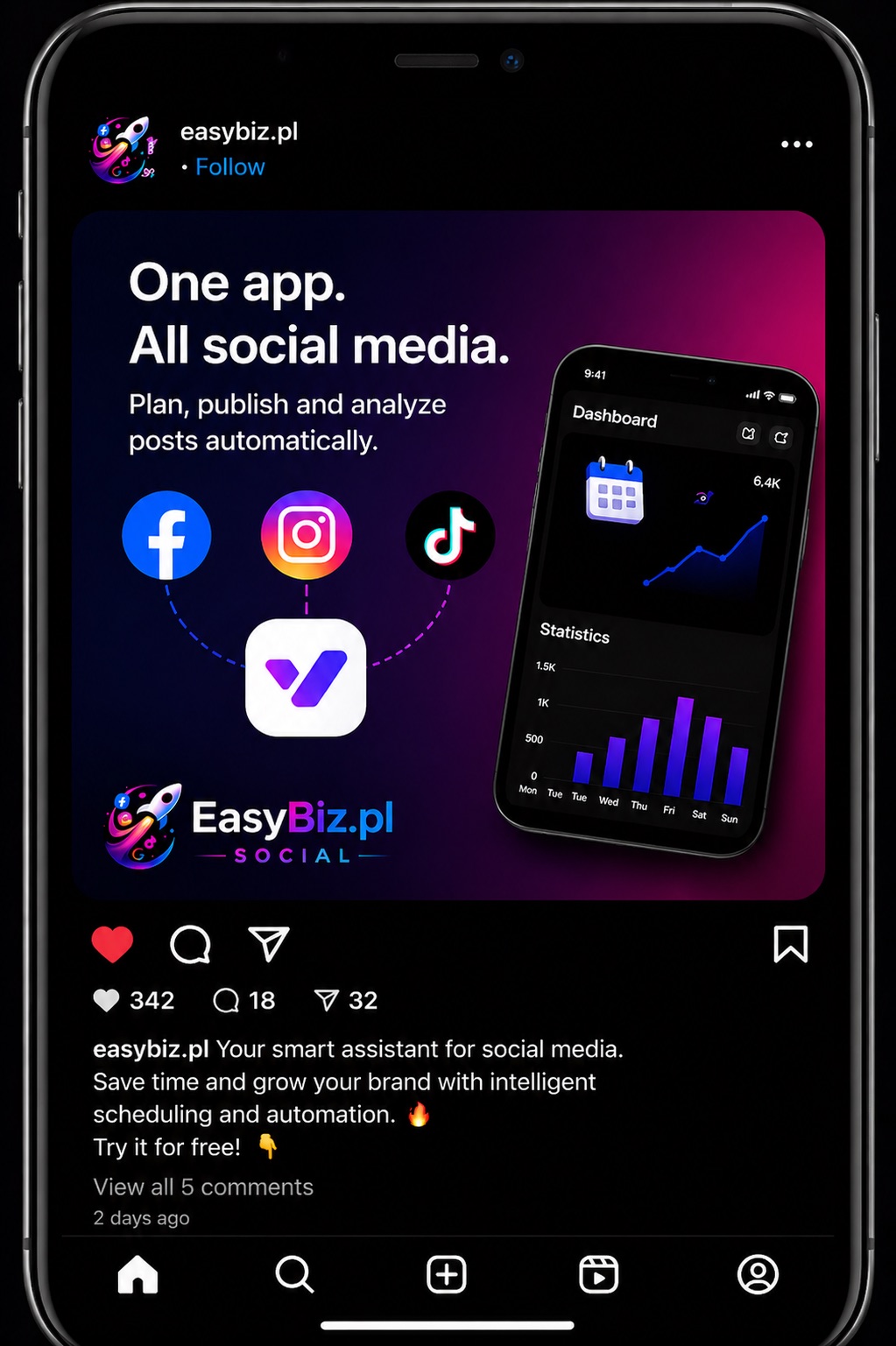 Facebook — sample post generated by EasyBiz Social