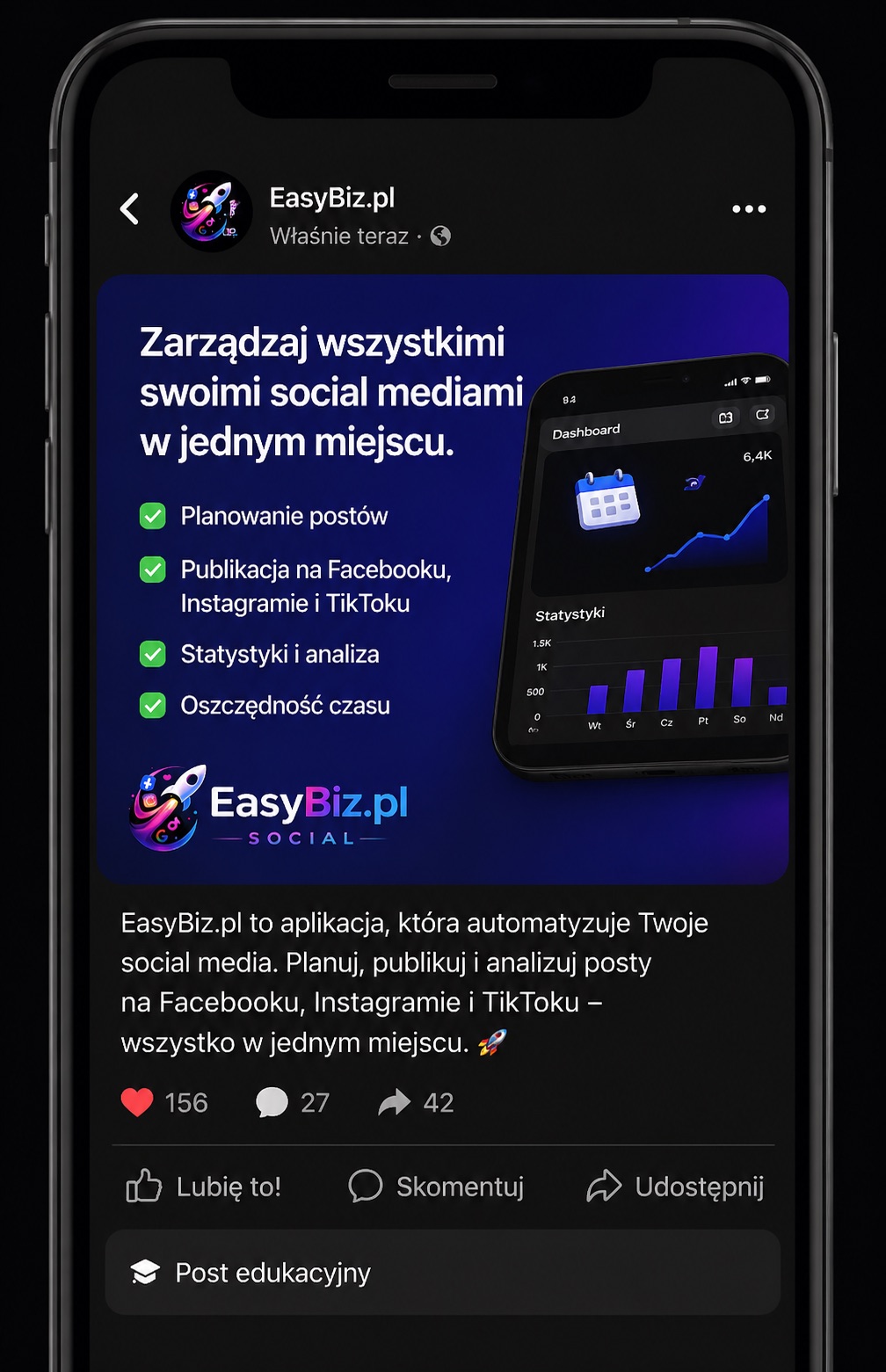 Facebook — przykładowy post wygenerowany przez EasyBiz Social