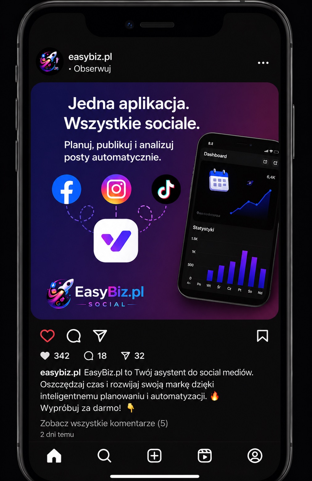 Instagram — przykładowy post wygenerowany przez EasyBiz Social