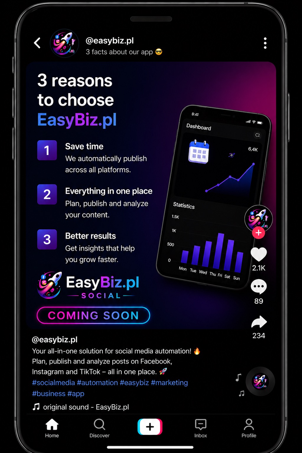 TikTok — sample post generated by EasyBiz Social