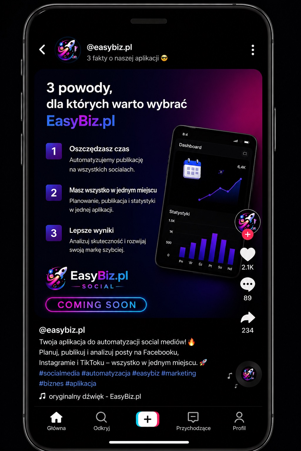 TikTok — przykładowy post wygenerowany przez EasyBiz Social