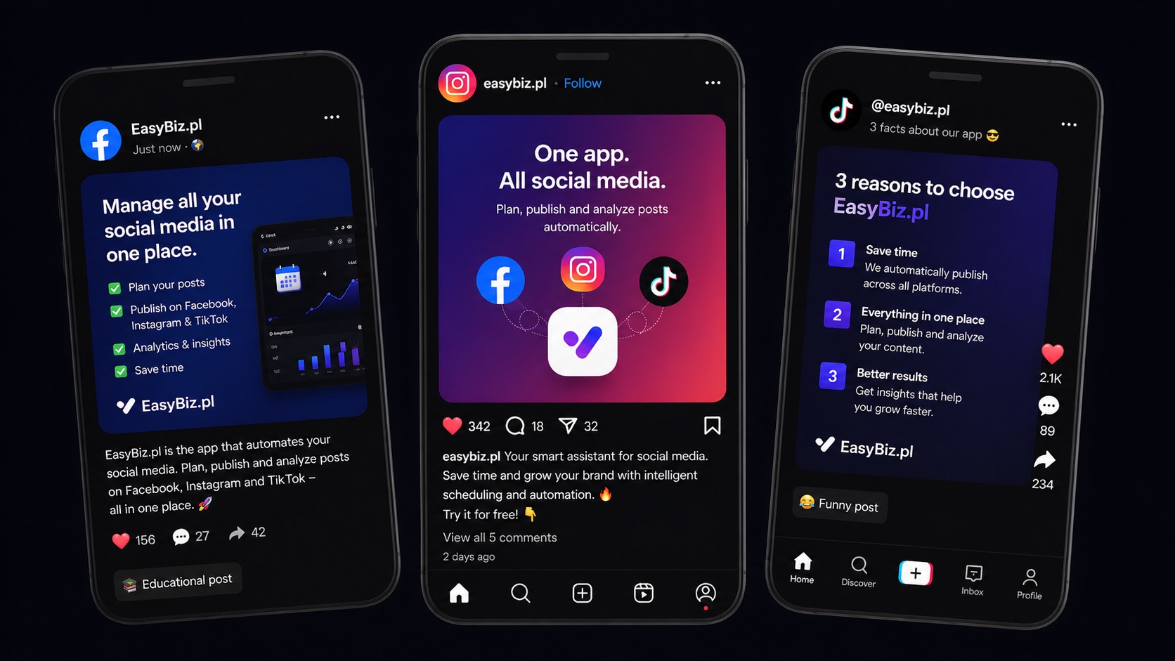 EasyBiz Social — posts on Facebook, Instagram and TikTok